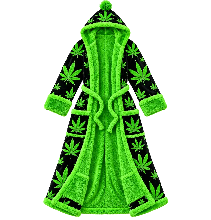 HighLife™ Cozy Hooded Robe — Green Leaf Print view 1