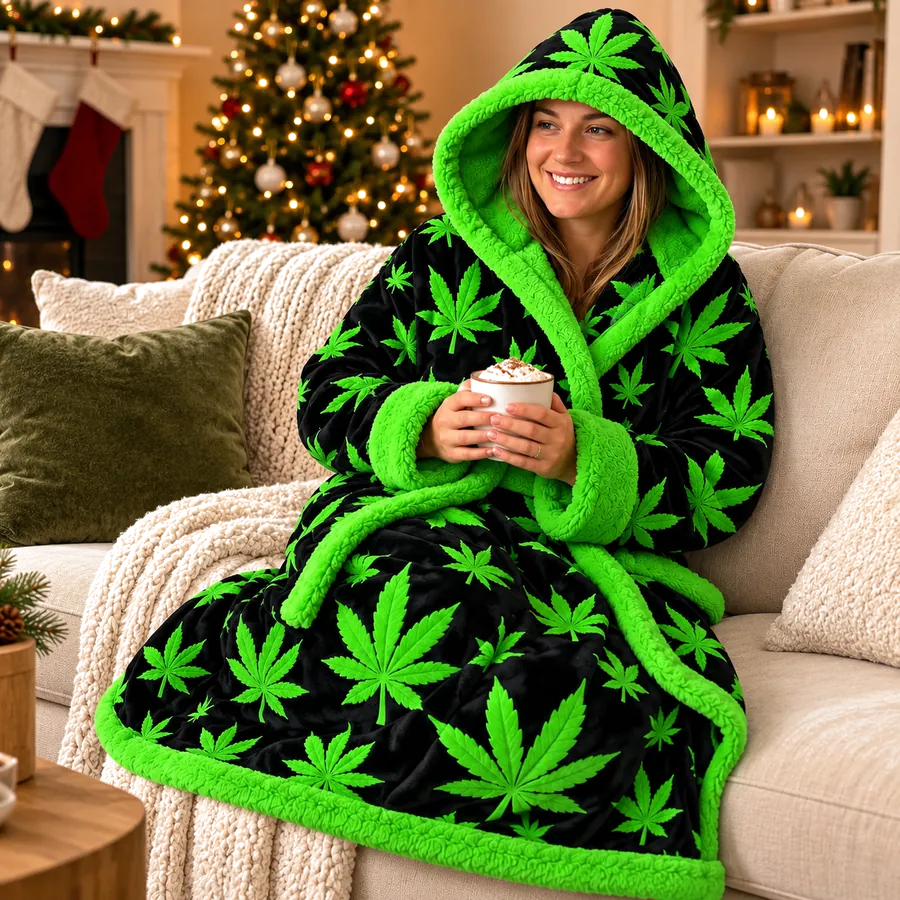 HighLife™ Cozy Hooded Robe — Green Leaf Print view 3
